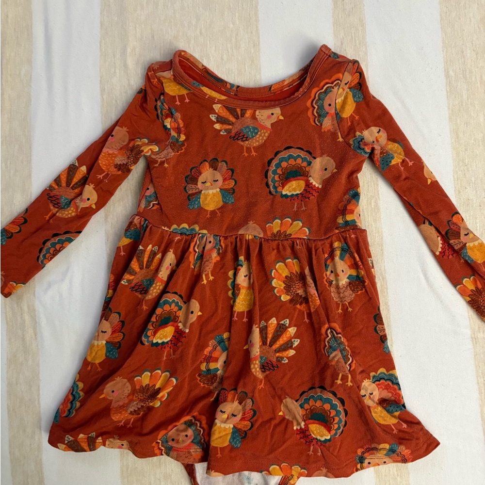 Little Sleepies Rust Orange Turkey Print Long-Sleeve Twirl Dress